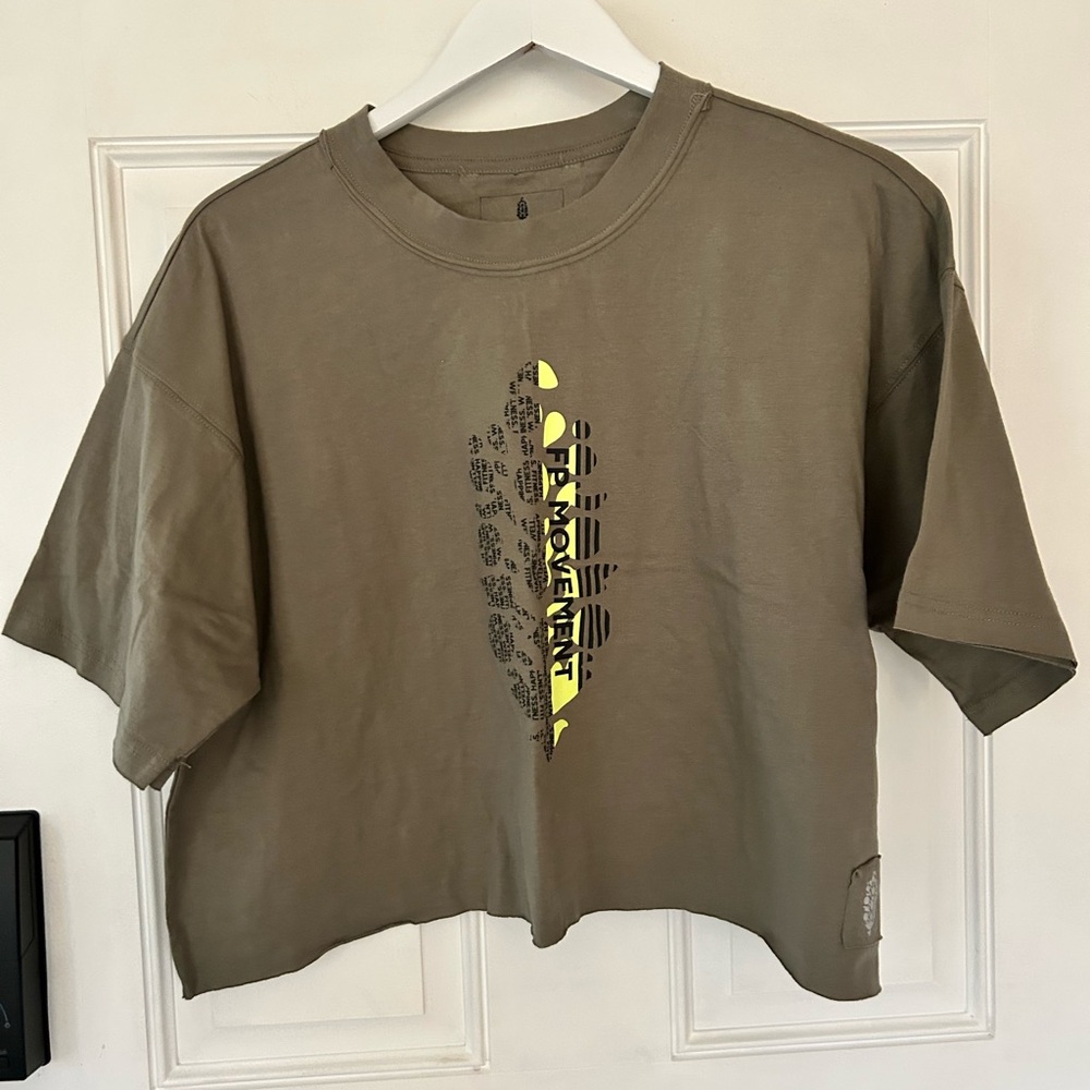 FP Movement by Free People Olive Boxy Cropped Tee with Yellow Graphic